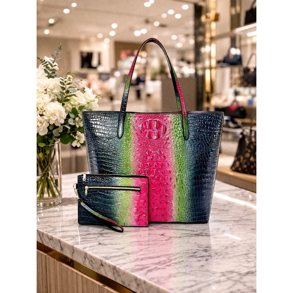 Colorblock Gradient Luxury Large Shoulder Handbag w/clutch Blue Green Pink